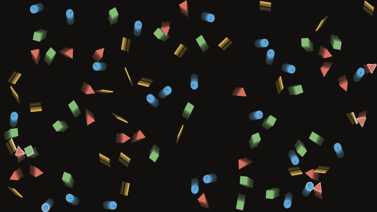 Bounce — mixed shapes tumbling in space